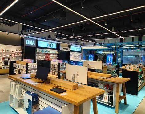 Electronics zone with timber display tables